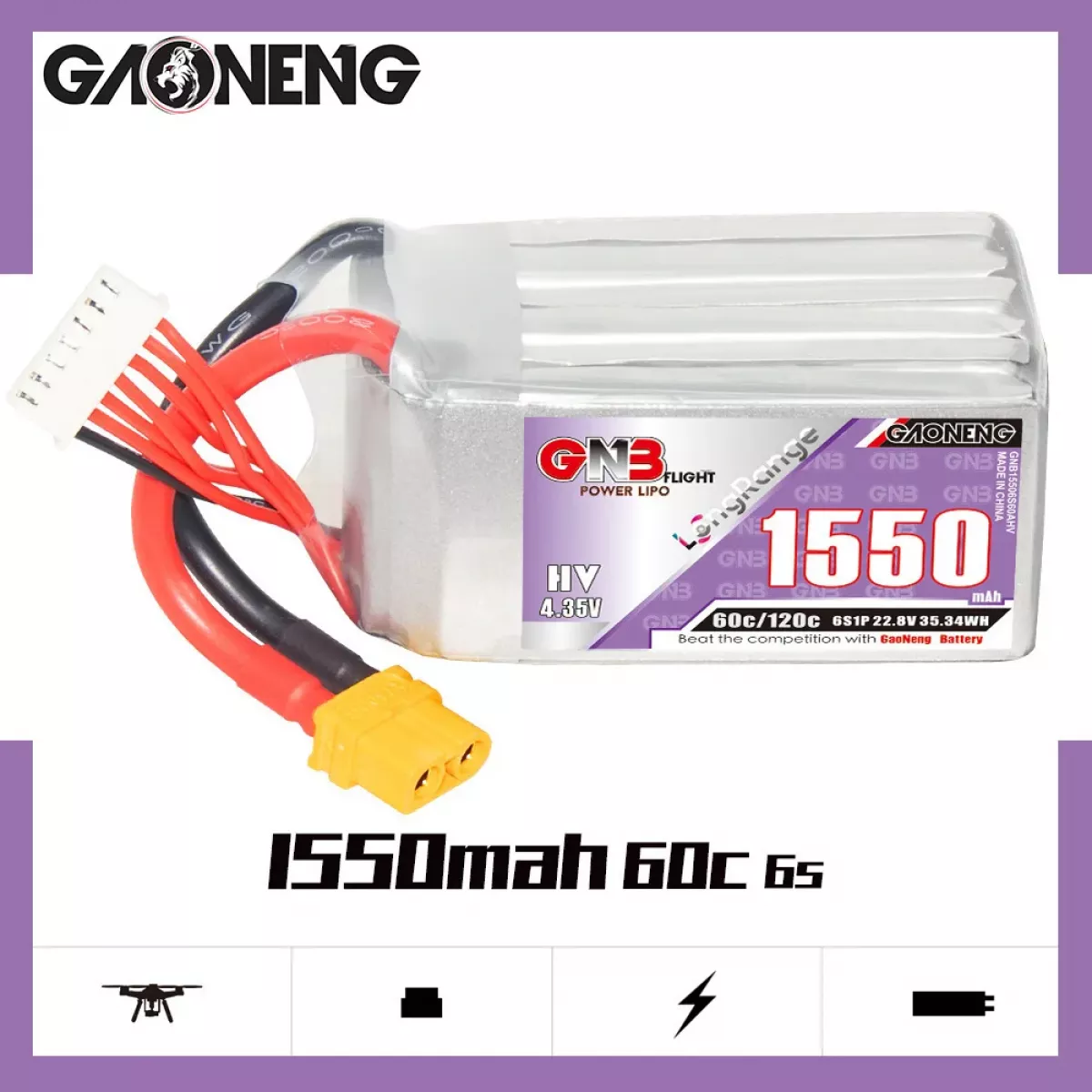 Аккумулятор GNB 2S/3S/4S/6S HV 1550mAh 60C/120C для RC автомобилей, дронов, самолётов Аккумулятор GNB 2S/3S/4S/6S HV 1550mAh 60C/120C для RC автомобилей, дронов, самолётов