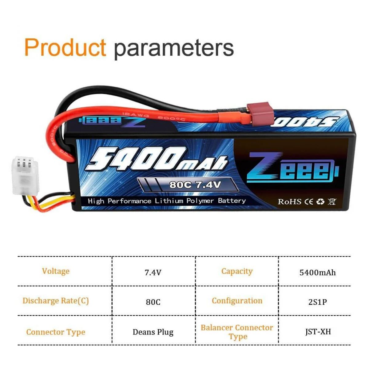 1/2 шт. Zeee 5400mAh 80C 2S 7.4V LiPo аккумулятор Hardcase с Deans для RC авто, дронов, FPV, лодок 1/2 шт. Zeee 5400mAh 80C 2S 7.4V LiPo аккумулятор Hardcase с Deans для RC авто, дронов, FPV, лодок
